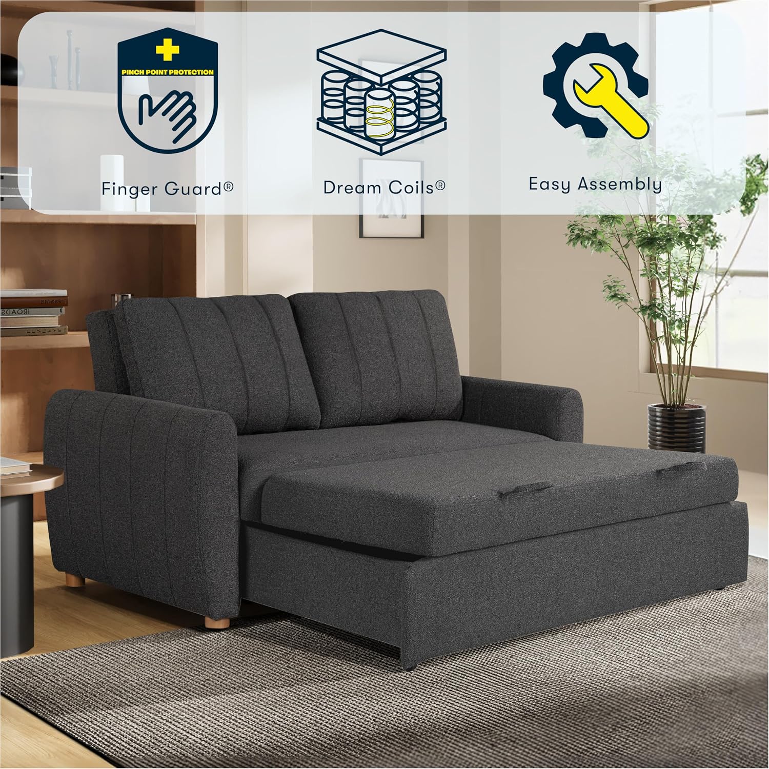 Serta Galway 66.5' Convertible Sleeper Loveseat, Full Size, Dreamcoil Comfort, FingerGuard Pinch Point Protection, Boucle Fabric, Charcoal