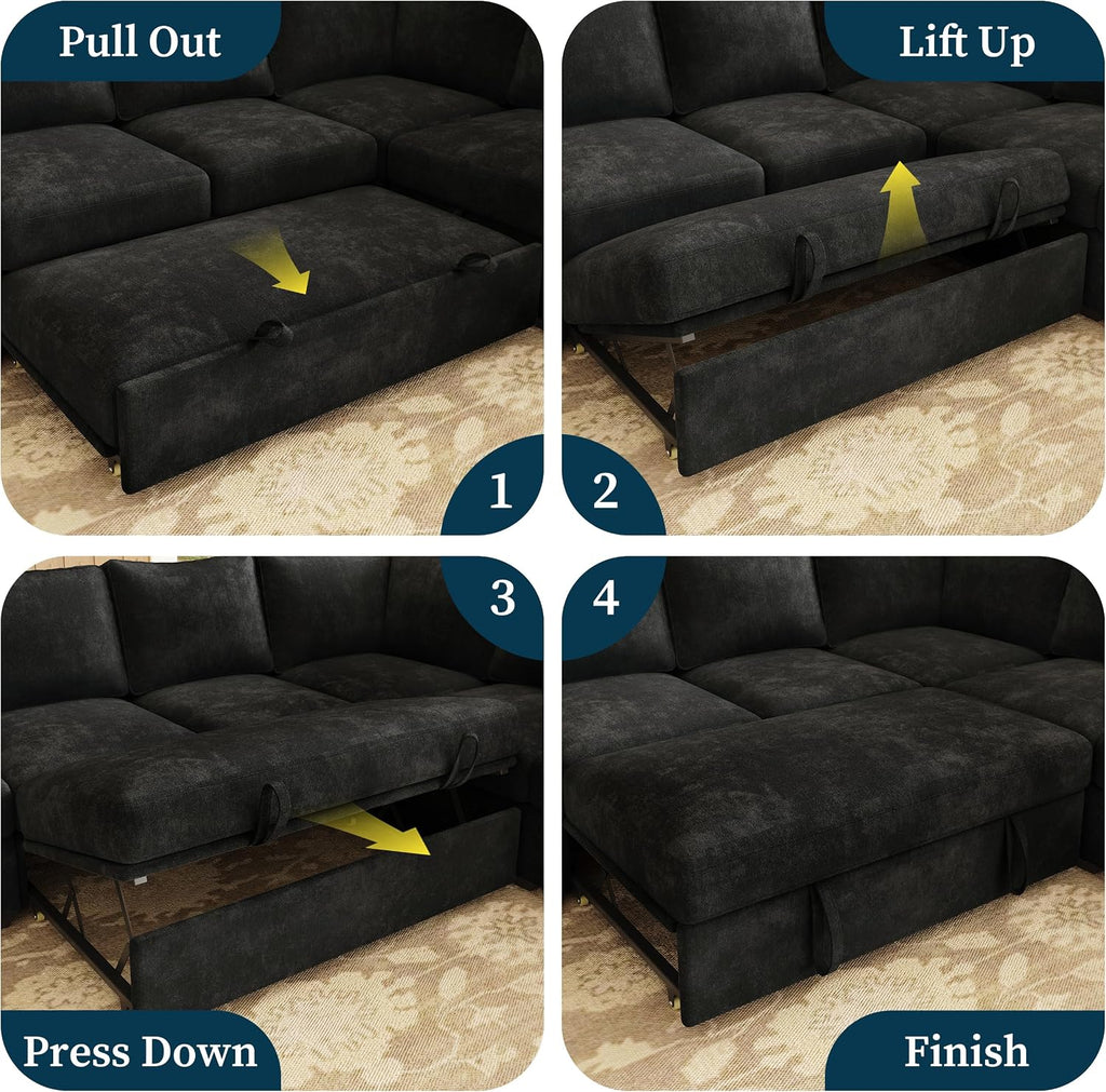 83.5' Sectional Sleeper Sofa with Pull Out Couch, Modern 5 Seat L Shaped Modular Couch, Sectionals Modular Sofa with Storage, Comfy Sectional Couches for Living Room & Apartment, Black