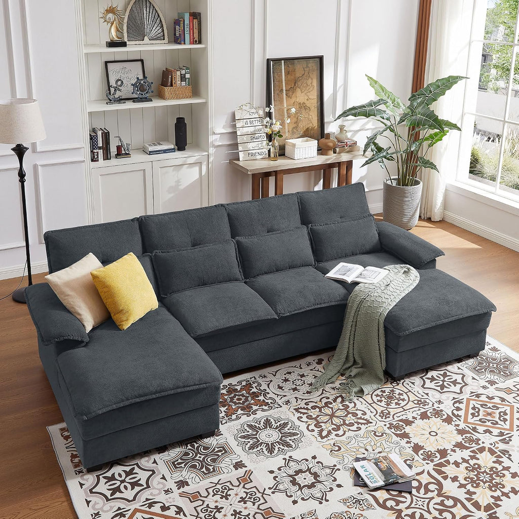 110' Comfy Cloud Couch Sectional Sofa with Lumbar Pillows, Modern U-Shaped Cloud Sofa with Double Chaise & Deep Seat for Living Room, or Office, Easy Assembly, Dark Grey