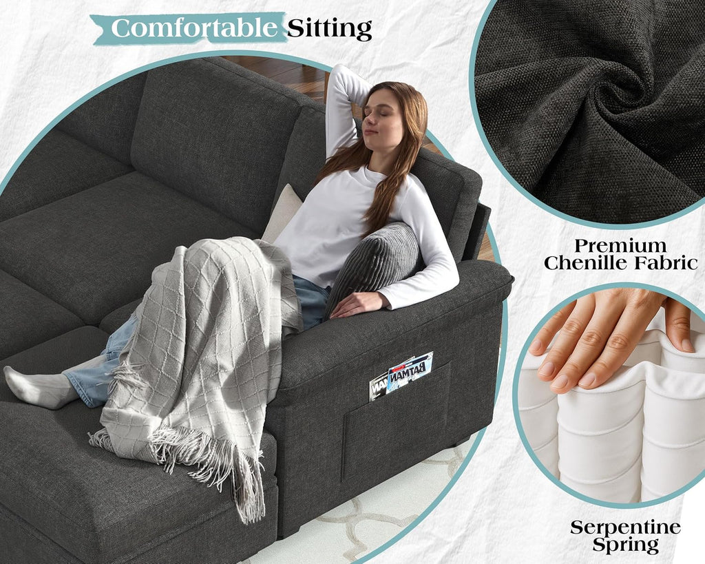 Jocisland 105' Sofa Bed, Sectional Sleeper Sofa with Pull Out Bed/Reclining Backrest, Sleeper Couch Bed with Storage, 6 Seater Couch Bed for Living Room, Chenille Dark Gray