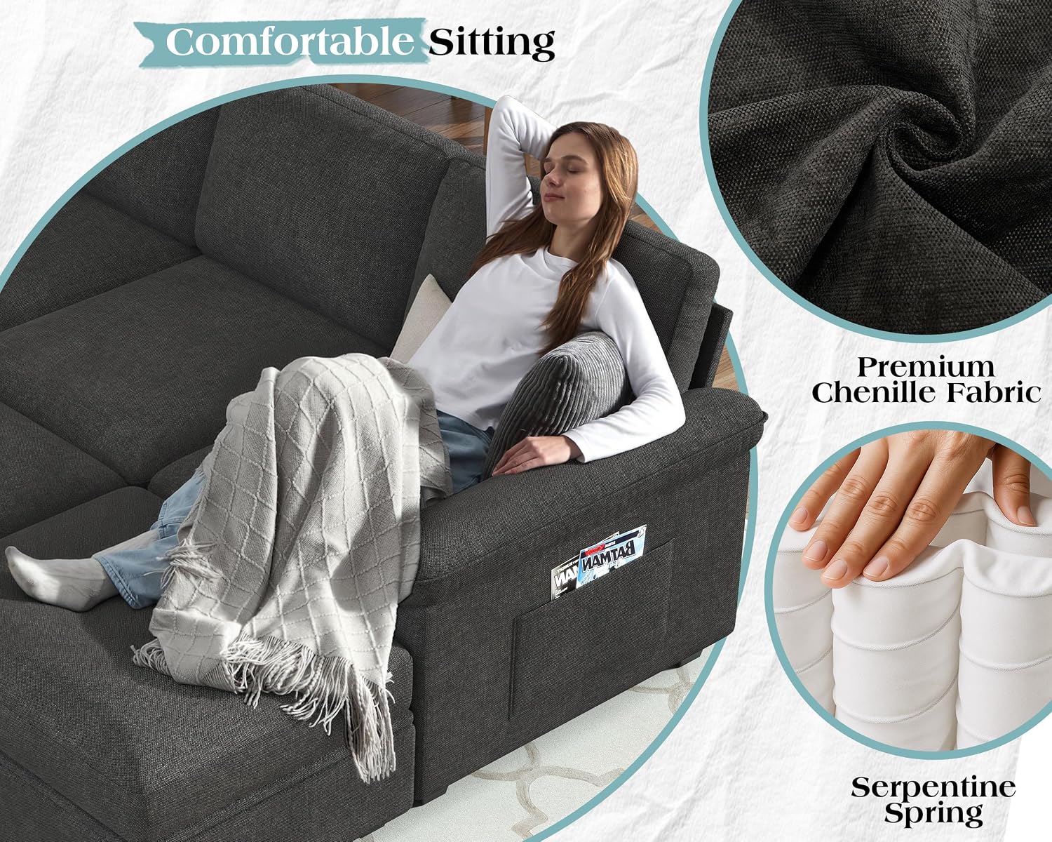 Jocisland 105' Sofa Bed, Sectional Sleeper Sofa with Pull Out Bed/Reclining Backrest, Sleeper Couch Bed with Storage, 6 Seater Couch Bed for Living Room, Chenille Dark Gray