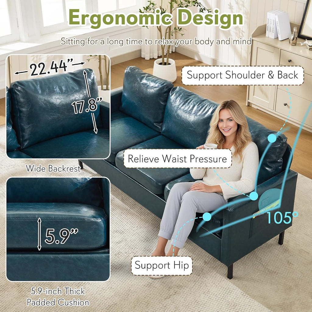 STHOUYN 73' W Faux Leather Couch w/ 2 USB, Leather Sofa w/Side Pockets, Wooden Frame 3 Seat Couch for Livingroom, Office, Apartment (Blue, 3 Seater)