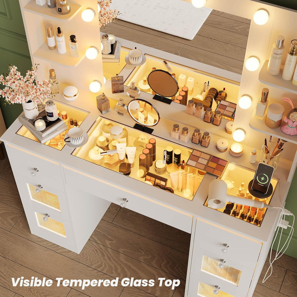 Makeup Vanity with 3-Color Lighted Mirror, Glass Top Makeup Desk with 7 Drawers, 4 Shelves, Built-in Power Outlet, Small Vanity Table for Women & Girls, White