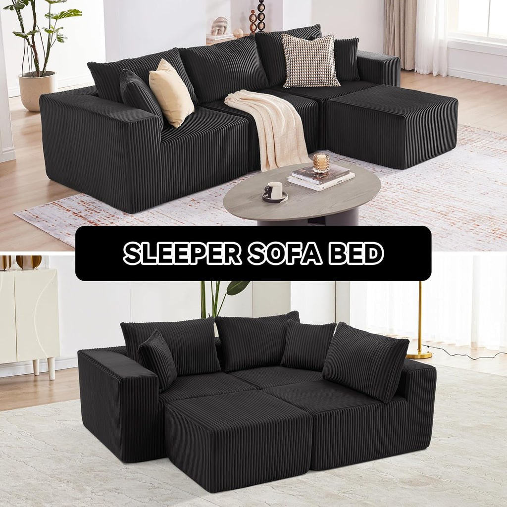 Cloud Couch Sectional, Modular Sofa with Deep Seat, Plush Corduroy U Shaped Boneless Couch, Convertible Sectional Couches for Living Room (Black, 3 Seater & 1 Ottoman)