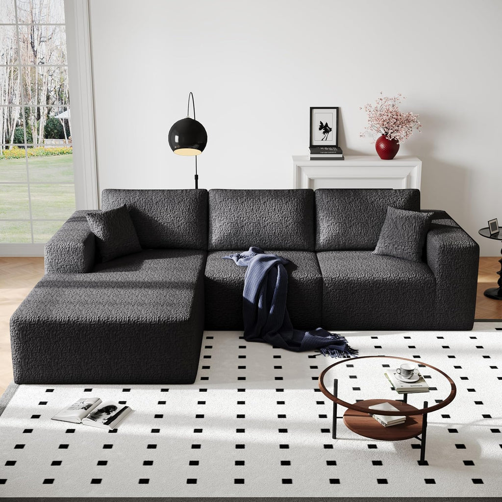 108' Cloud Modular Sectional Couch with L-Shape Chaise, Modern Sectional Sofa with Deep Seat Couch, Ultra Soft Knit Fabric Couches for Living Room, No Assembly Required, Left Facing Chaise (Black)