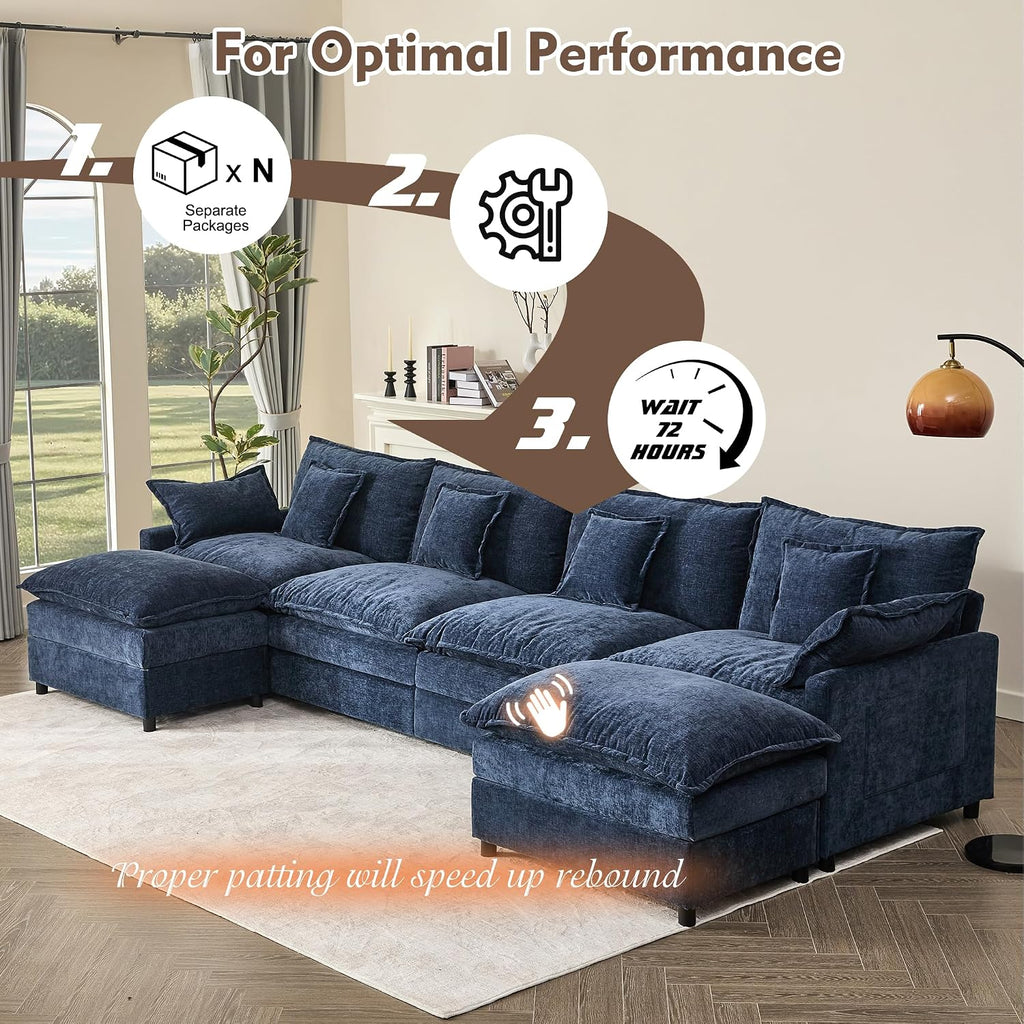 GOSUHI 142.5' U Shaped Couch, Modular Sectional Sofa, 3-Seater Comfy Cloud Couch, Set of Modular Pieces with Movable Ottoman, Deep Seat Couches for Living Room, Chenille, Navy