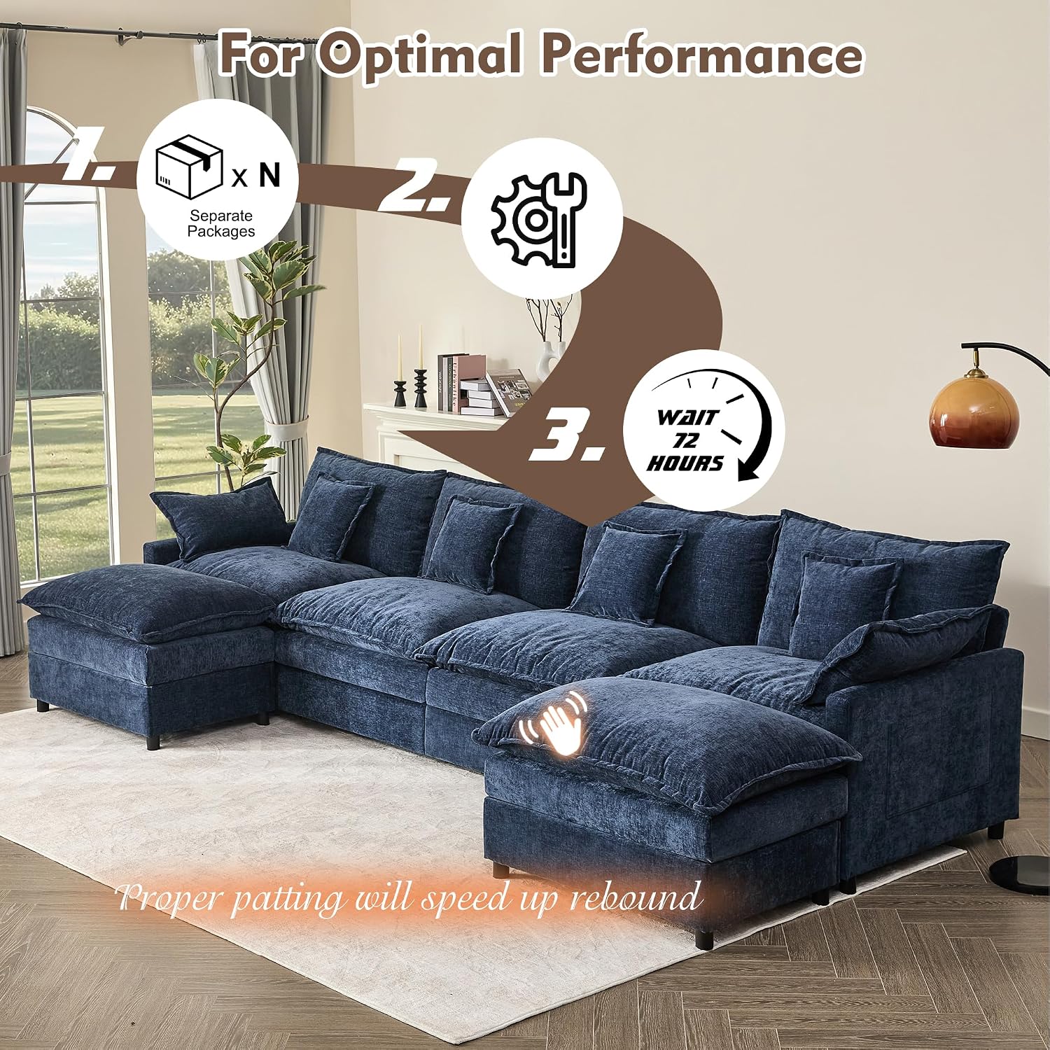 GOSUHI 142.5' U Shaped Couch, Modular Sectional Sofa, 3-Seater Comfy Cloud Couch, Set of Modular Pieces with Movable Ottoman, Deep Seat Couches for Living Room, Chenille, Navy