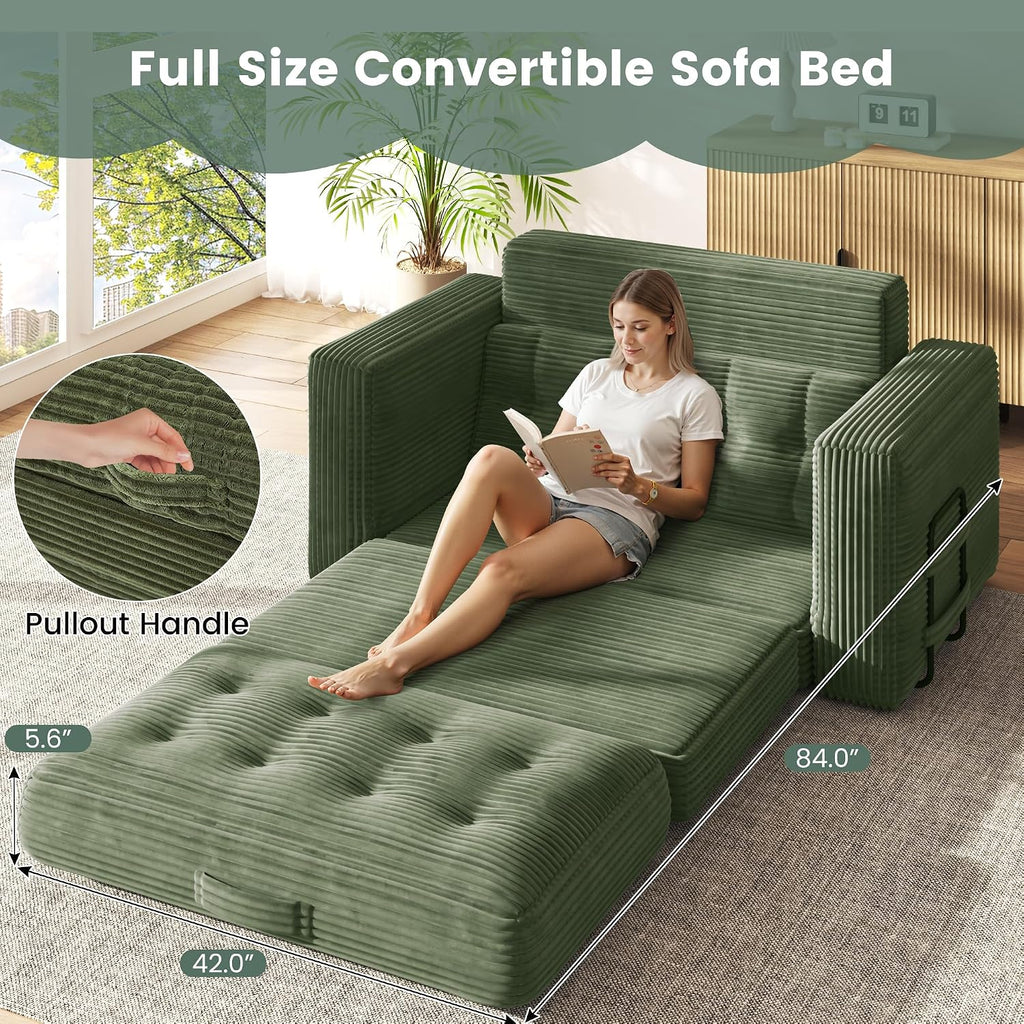 Convertible Sofa Bed, 2 in 1 Boneless Couch Bed with 2 Pillows, Corduroy Pull out Couch Folding Sofa Bed with Deep Seat, Small Loveseat Sleeper Sofa Bed in a Box for Small Spaces, No Assembly, Green