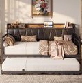 LIKIMIO Twin Daybed, Day Bed with Trundle, Storage Upholstered Headboard and Charging Station, Trundle Bed with Strong Supports for Living Room, Bedroom, and Guest Room, Black