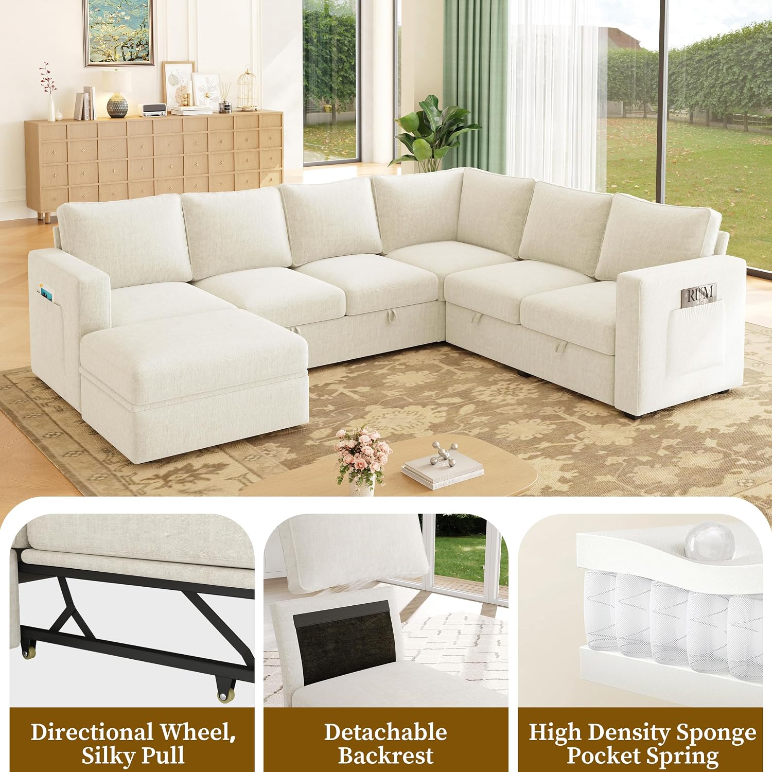 106.7' Sectional Sleeper Sofa with Pull Out Couch, Modern 7 Seat U Shaped Modular Couch, Sectionals Modular Sofa with Storage, Comfy Sectional Couches for Living Room & Apartment, Light Beige