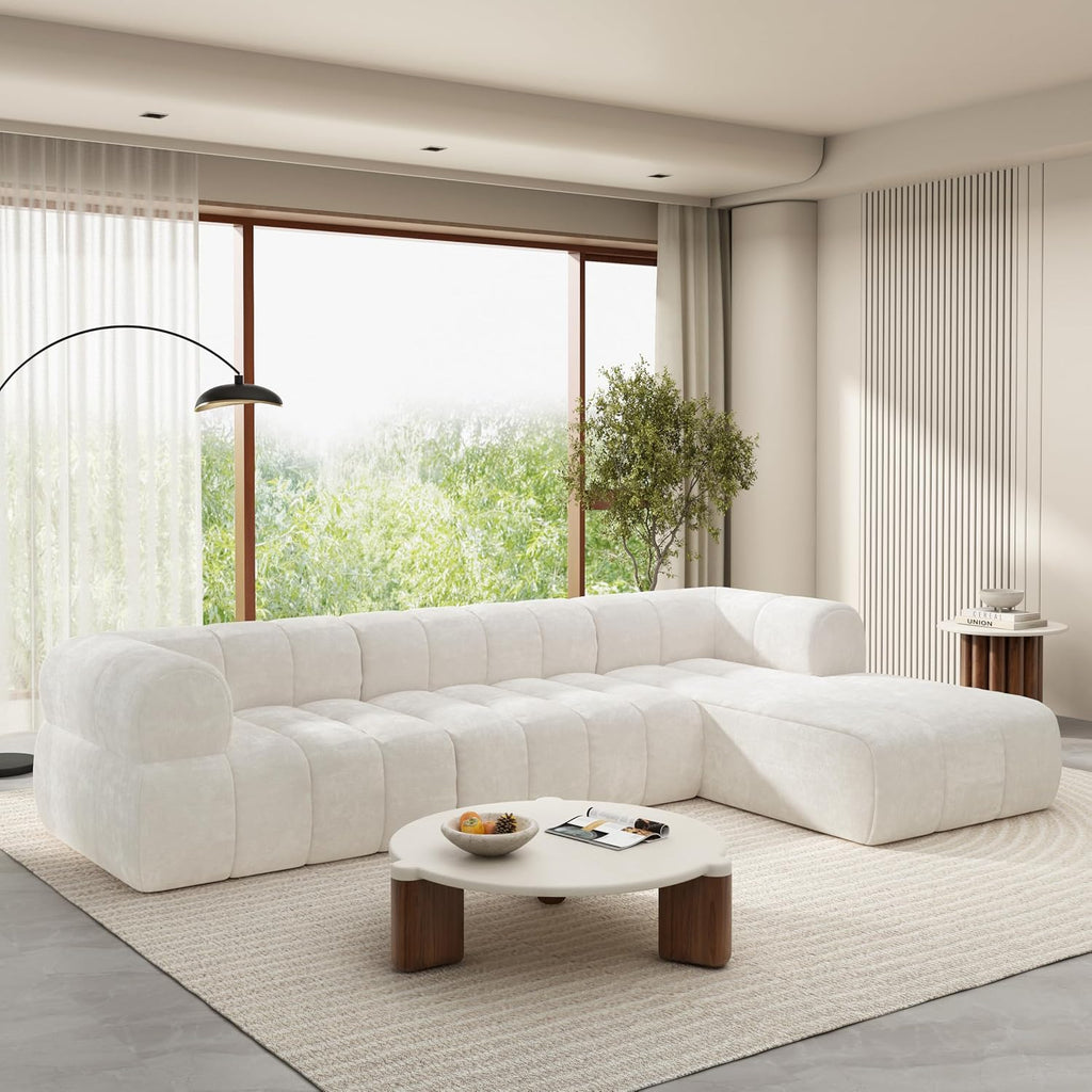 Christopher Knight Home Mania 122' Modular L-Shape Sofa Couch with Chaise Lounge, Modern Sectional Sofa Set for Living Room, Boucle Fabric Upholstered Cloud Couch with Deep Seat, Milky White