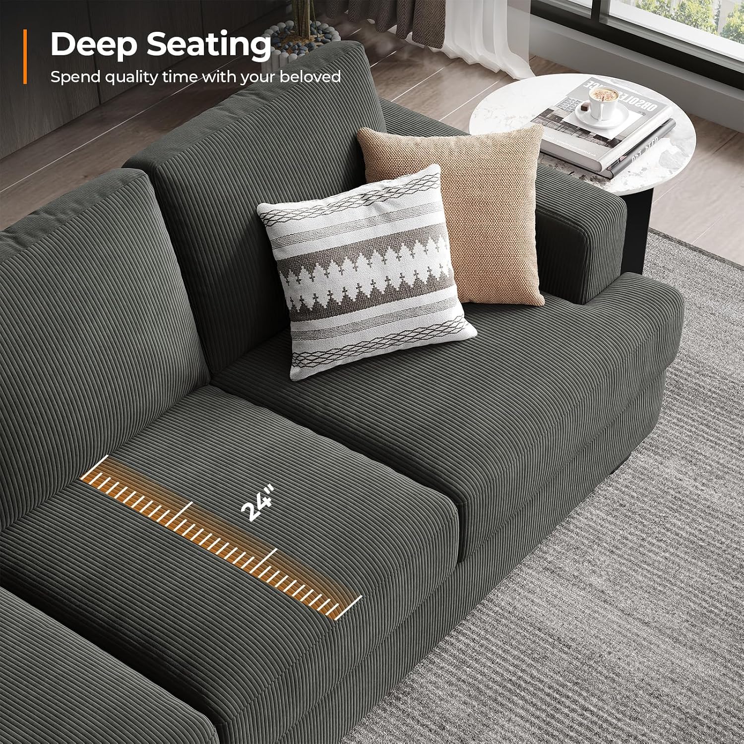 COPIAE 89 Inch Sofa with Extra Deep Seats Oversize, 3 Seater Sofa for Living Room, Modern Couch and Sofa, Comfy Armrests and Seats and Backrests, Easy Installation, Corduroy Fabric Grey