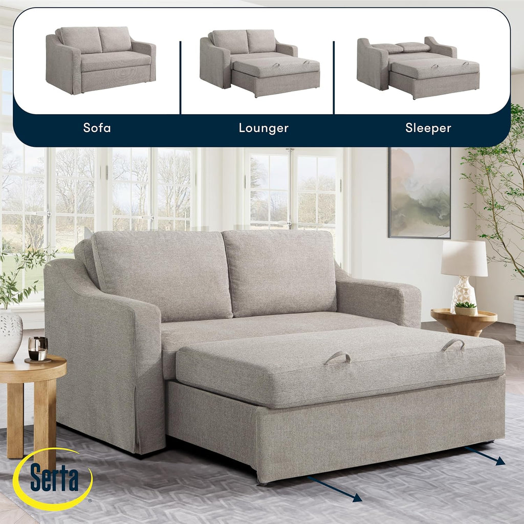 Serta Hawthorne 66.1' Slipcovered Convertible Sleeper Loveseat, Full Size, Dreamcoil Comfort, FingerGuard Pinch Point Protection, Polyester Tweed Fabric, Flax