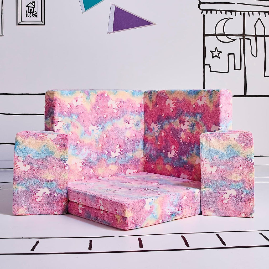 YOURIGAMI Kids and Toddler Play Couch, Convertible Folding Sofa, Durable Foam Modular Design, Glow in The Dark Unicorn