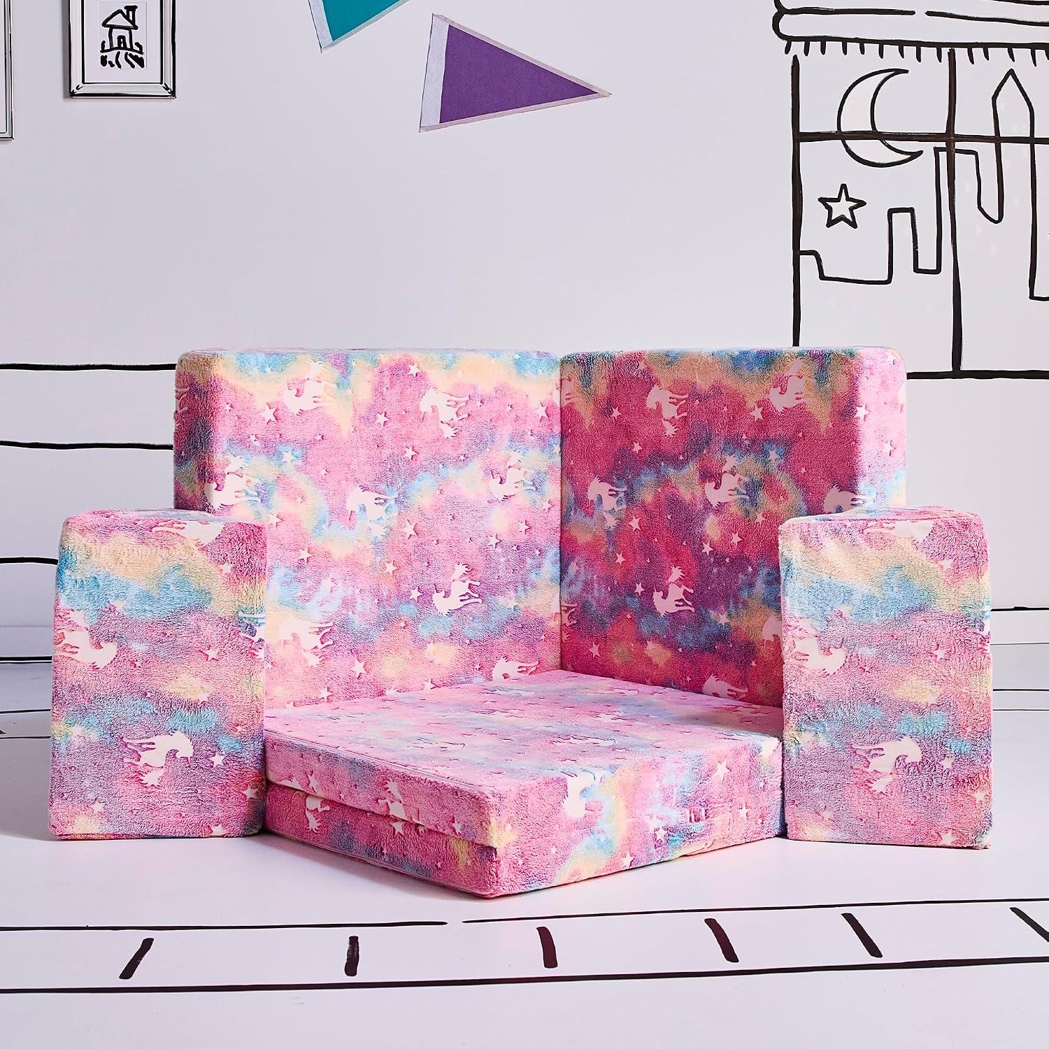 YOURIGAMI Kids and Toddler Play Couch, Convertible Folding Sofa, Durable Foam Modular Design, Glow in The Dark Unicorn