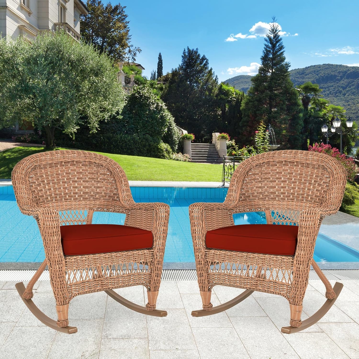 Jeco Rocker Wicker Chair with Red Cushion, Set of 2, Honey