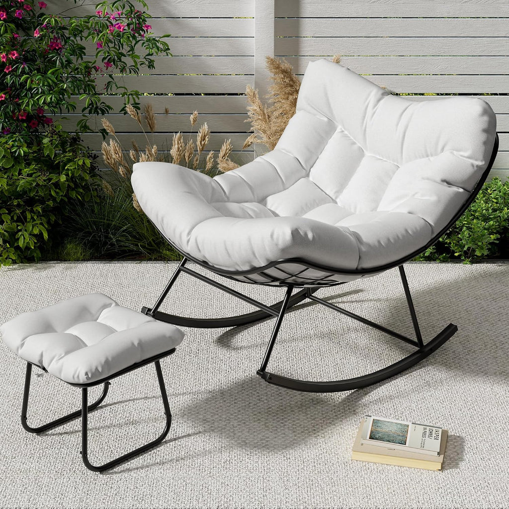 Papasan Rocking Chair with Footrest,4-Piece Steel Frame Egg Chair,Metal Patio Lounge Rocking Chair with Ottoman & Thick Cushion,400lb Capacity for Patio, Balcony, Bedroom & Living Room