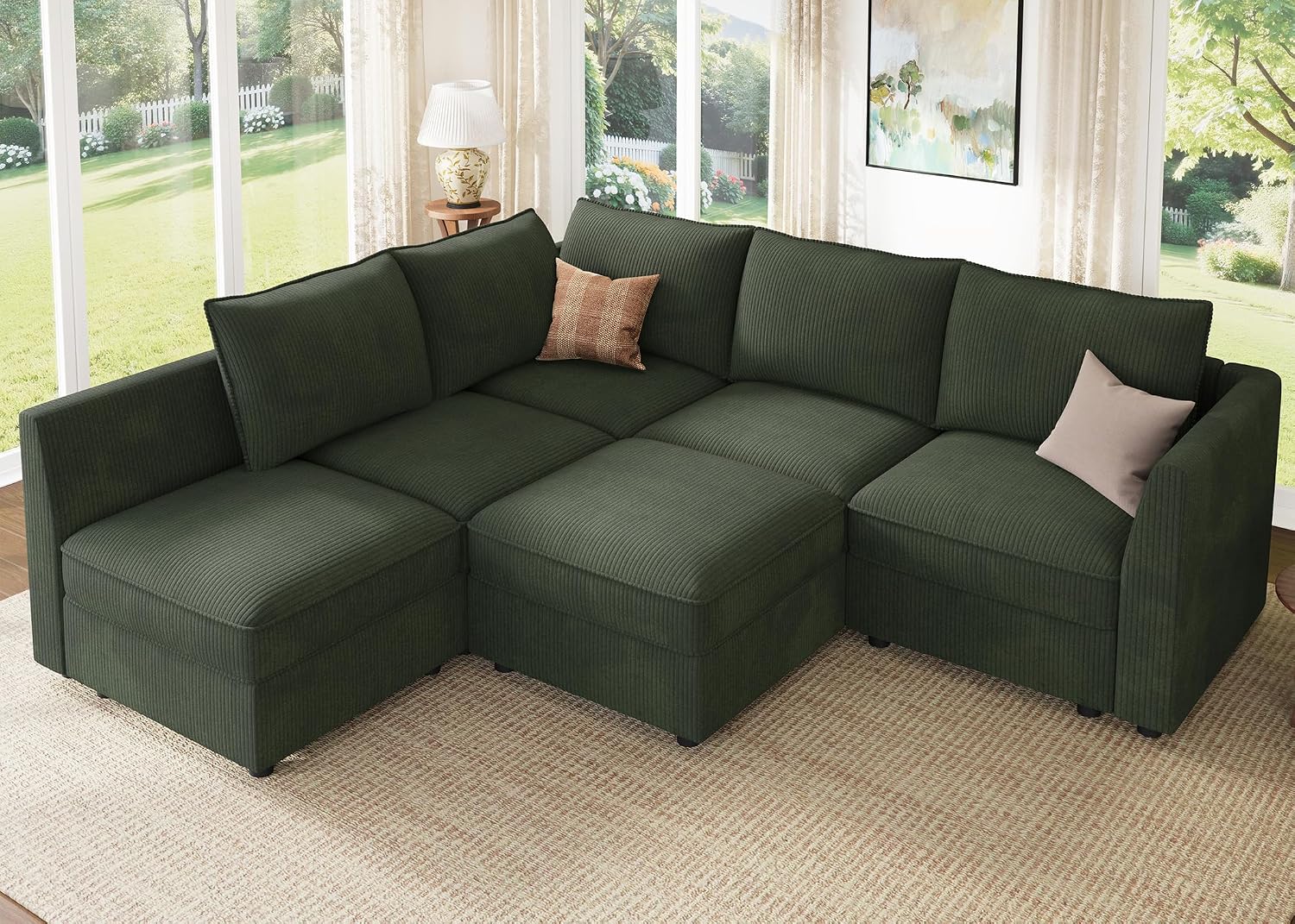 HONBAY Modular Sectional Sofa L Shaped Sectional Couch with Storage, Convertible Couches for Living Room - Green