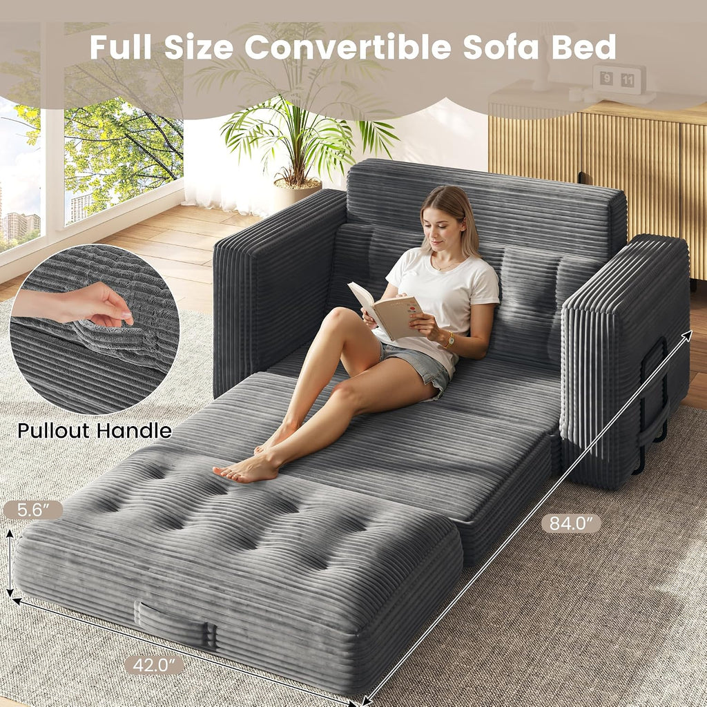 Convertible Sofa Bed, 2 in 1 Boneless Couch Bed with 2 Pillows, Corduroy Pull out Couch Folding Sofa Bed with Deep Seat, Small Loveseat Sleeper Sofa Bed in a Box for Small Spaces, No Assembly Required