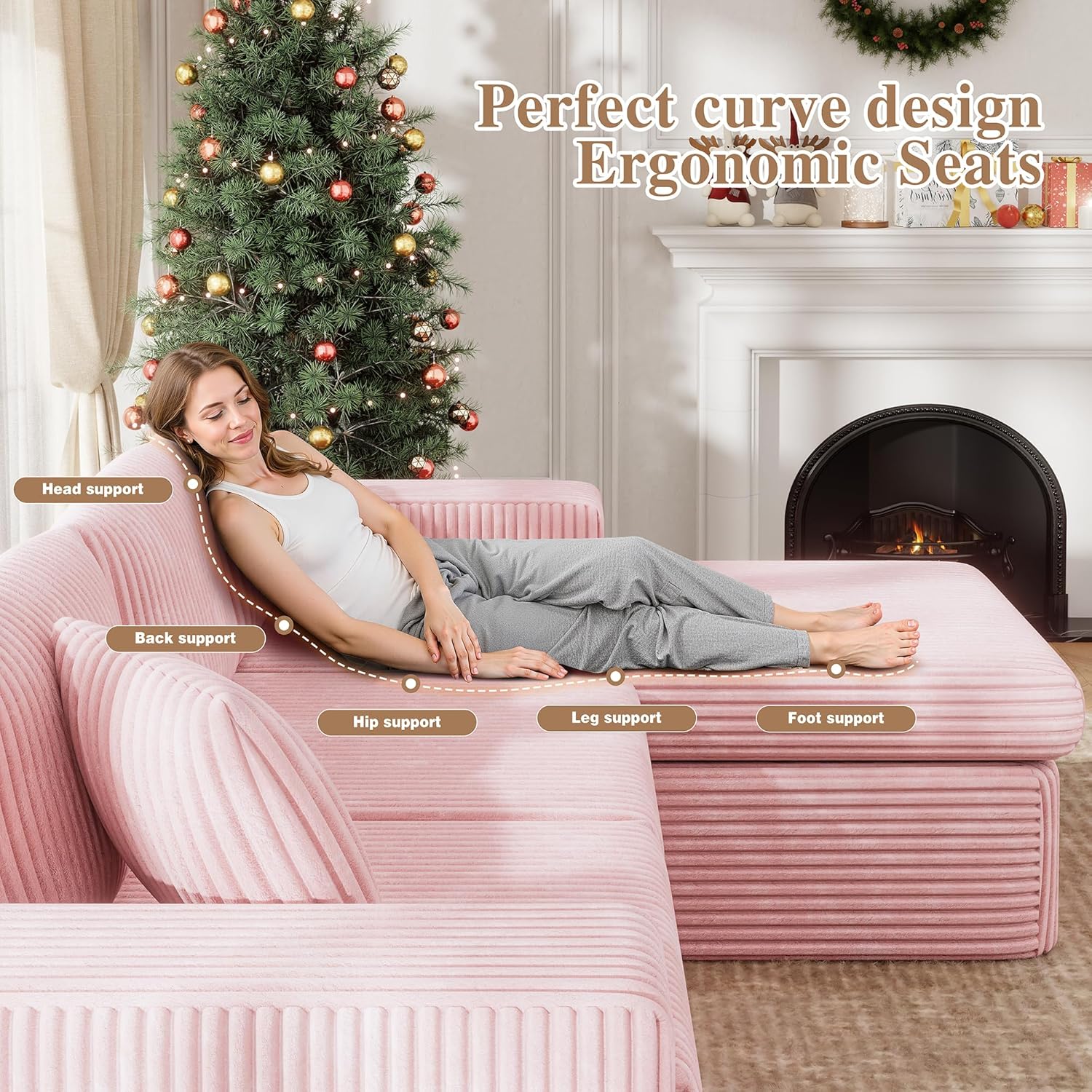 JAMFLY 105' Boneless Couches for Living Room Modular Sectional Sofa L-Shape Couch with Oversized Chaise, Cloud Couch Deep Seat Memory Foam Upholstered for Bedroom, Plush Corduroy Fabric, Baby Pink