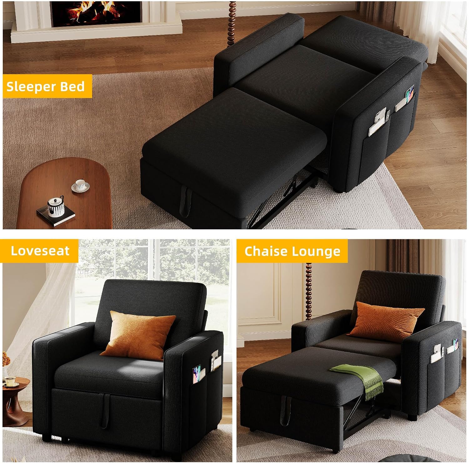 DWVO Convertible Sleeper Chair, 3-in-1 Sofa Bed with Reclining Backrest, 75' Single Sleeper Couch with Pull-Out Bed and Wide Armrest, Linen Futon Sofa for Dorm Apartment, Black