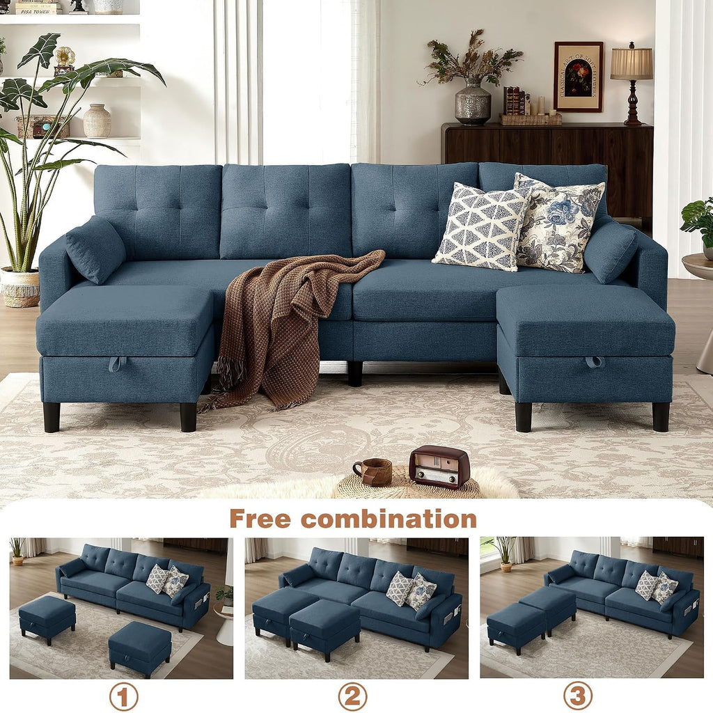 101' Sectional Sofa 4 Seat U Shaped Couch with Storage Ottoman for Living Room, Reception Room ect, Combination Sectional Couch with Movable Ottoman Sets, Blue
