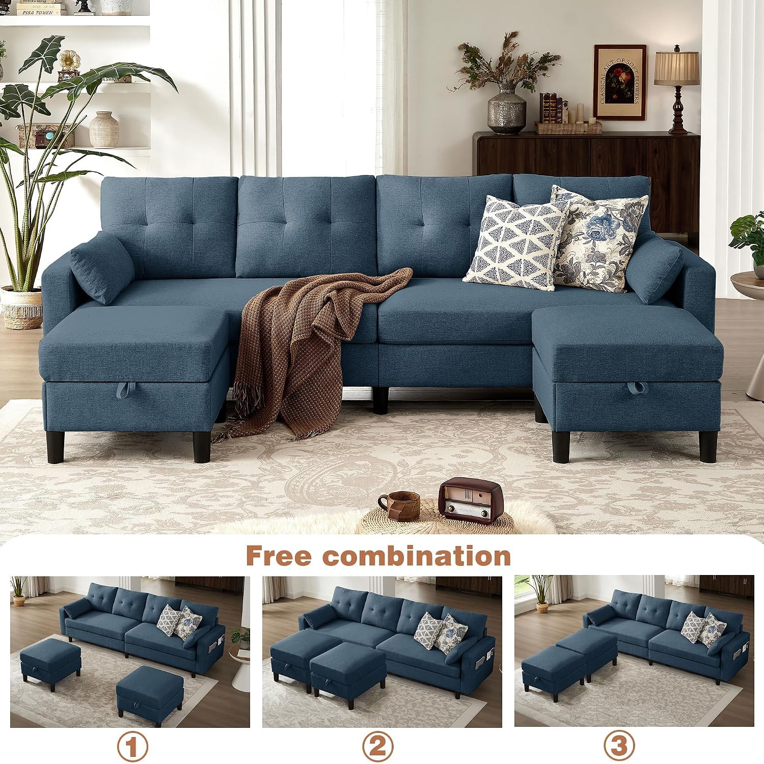 101' Sectional Sofa 4 Seat U Shaped Couch with Storage Ottoman for Living Room, Reception Room ect, Combination Sectional Couch with Movable Ottoman Sets, Blue
