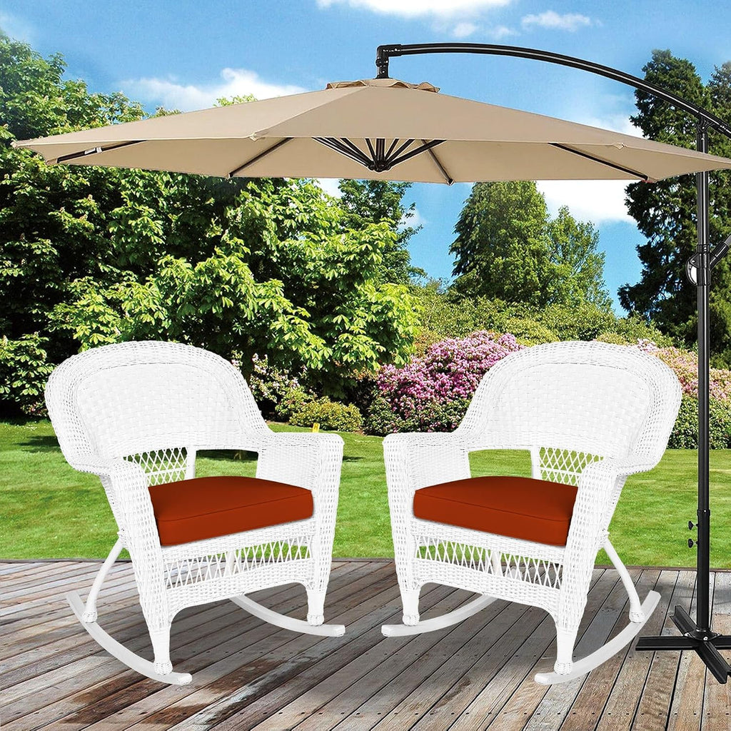 Jeco Rocker Wicker Chair with Red Cushion, Set of 2, White
