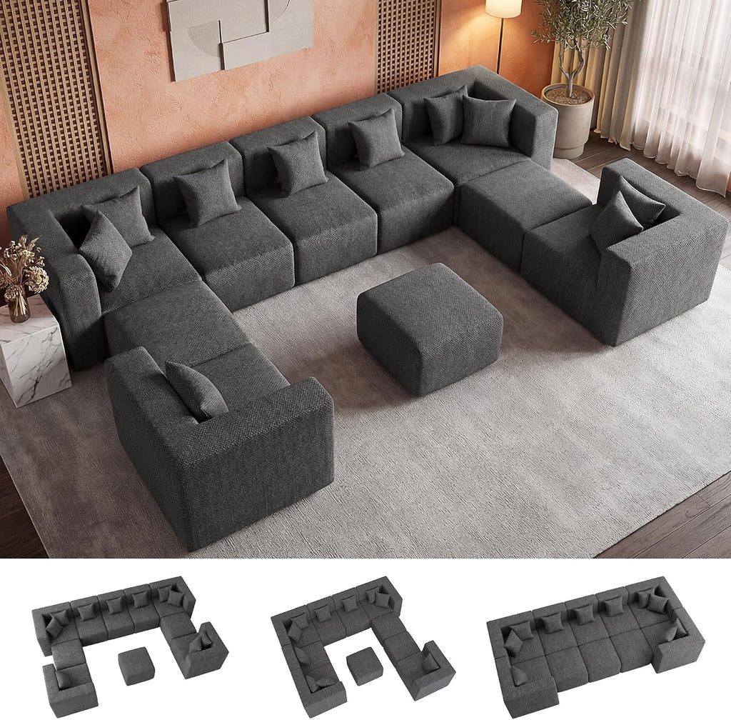 MONVANE Modular Sectional Sofa, Oversized 10 Seat Convertible U Shaped Couch with Ottoman, Comfy Chenille Cloud Couch with Deep Seat, Sectional Couches for Living Room, No Assembly Required, Grey