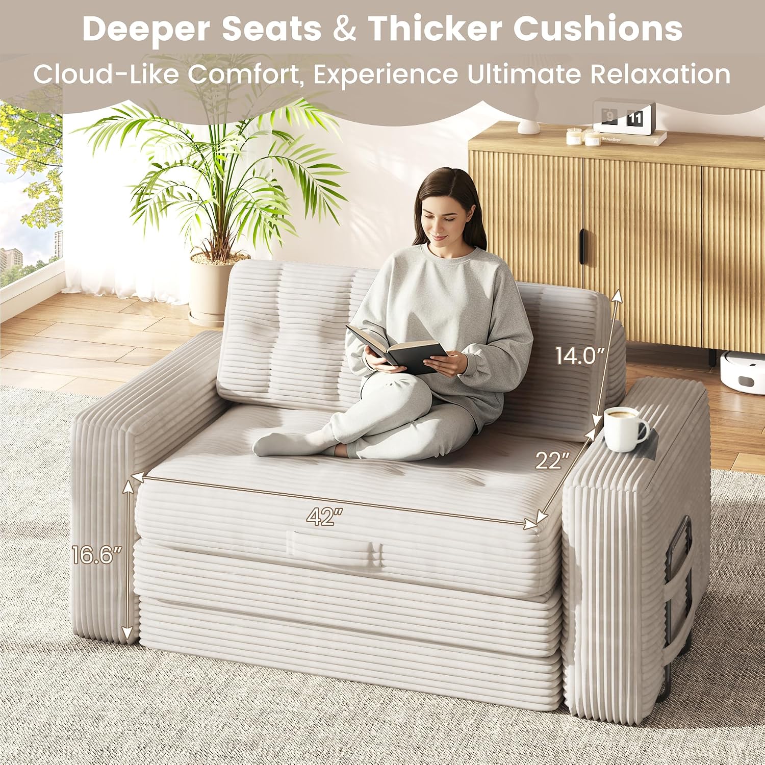 Convertible Sofa Bed, 2 in 1 Boneless Couch Bed with 2 Pillows, Corduroy Pull out Couch Folding Sofa Bed with Deep Seat, Small Loveseat Sleeper Sofa Bed in a Box for Small Spaces, No Assembly Needed
