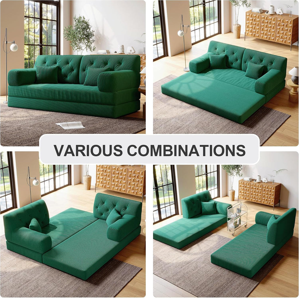 5-in-1 Folding Convertible Sofa Bed, Loveseat Sleeper with Pull-Out Bed, Floor Sofa Modular Futon Couch, 79' Oversized Corduroy Upholstered Boneless Couch for Living Room, Bedroom, Lounge, Green-C