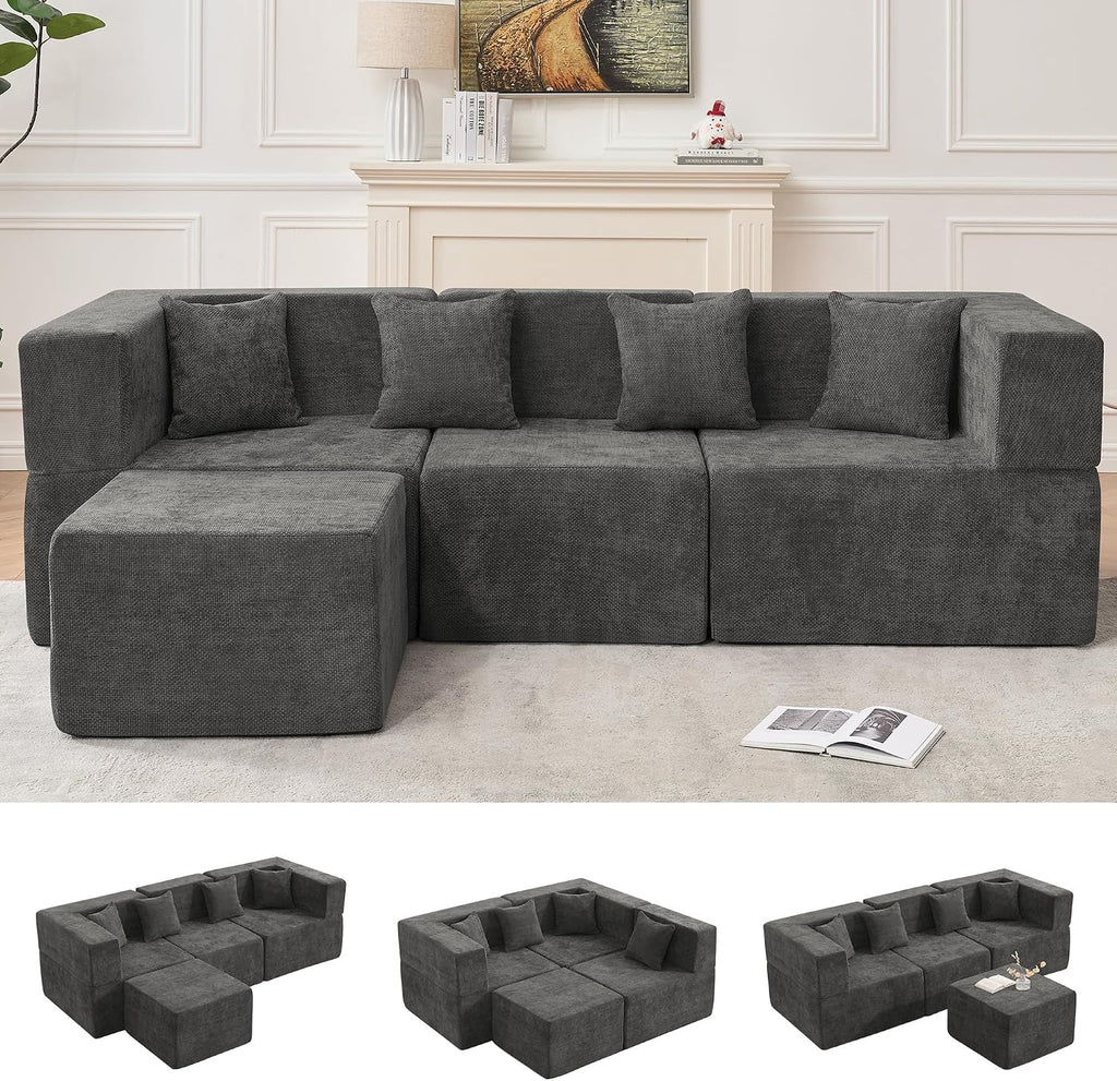 MONVANE 103'' Modular Sectional Sofa, Comfy Chenille Cloud Couch with Ottoman, Modern Convertible L Shaped Couch with Deep Seat, Sectional Couches for Living Room, Bedroom and Apartment, Grey