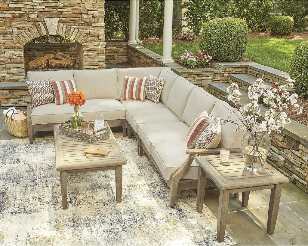 Signature Design by Ashley Clare View Left-Arm Facing Contemporary 4-Piece Outdoor Sectional with Cushion and 6 Throw Pillows, Beige