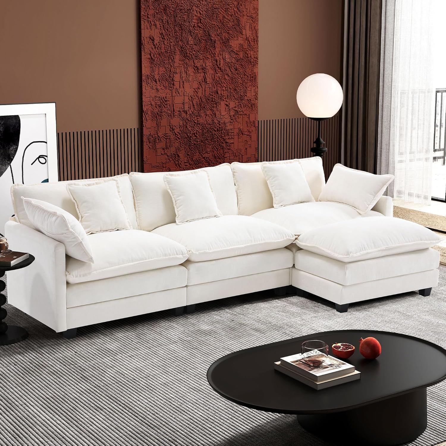 Ihanherry 111.4' L Shaped Modern Sofa Modular Sectional Cloud Couch with Ottoman, 4-Seat Chenille Deep Seat Sofa with Pillow for Living Room, Bedroom and Apartment, Beige