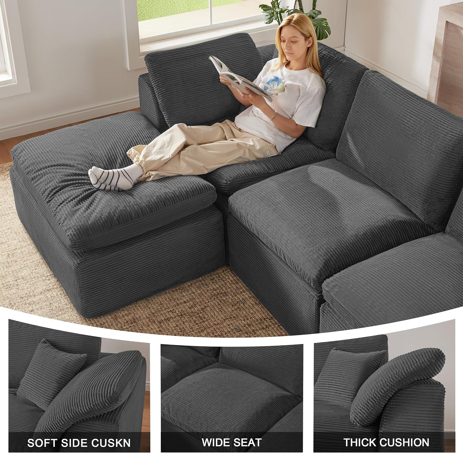 143' Cloud Sectional Couch, Boneless couches for Living Room, 7 Seater Large Modular Sectional Sofa with Deep Seat, Comfy Soft Cushions, No Assembly, Gray