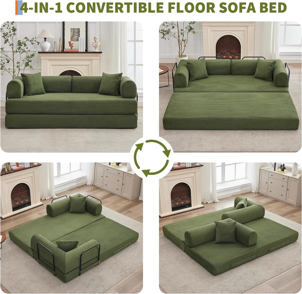 GarveeHome 79' Convertible Sleeper Sofa Bed Couch, 4-in-1 Boneless Corduroy Folding Sofa Bed with Pillow & Fixed-Shape, Floor Mattress Couch Loveseat for Living Room Apartments - No Assembly, Green