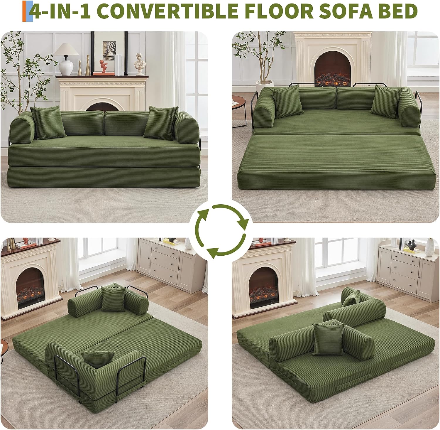 GarveeHome 79' Convertible Sleeper Sofa Bed Couch, 4-in-1 Boneless Corduroy Folding Sofa Bed with Pillow & Fixed-Shape, Floor Mattress Couch Loveseat for Living Room Apartments - No Assembly, Green