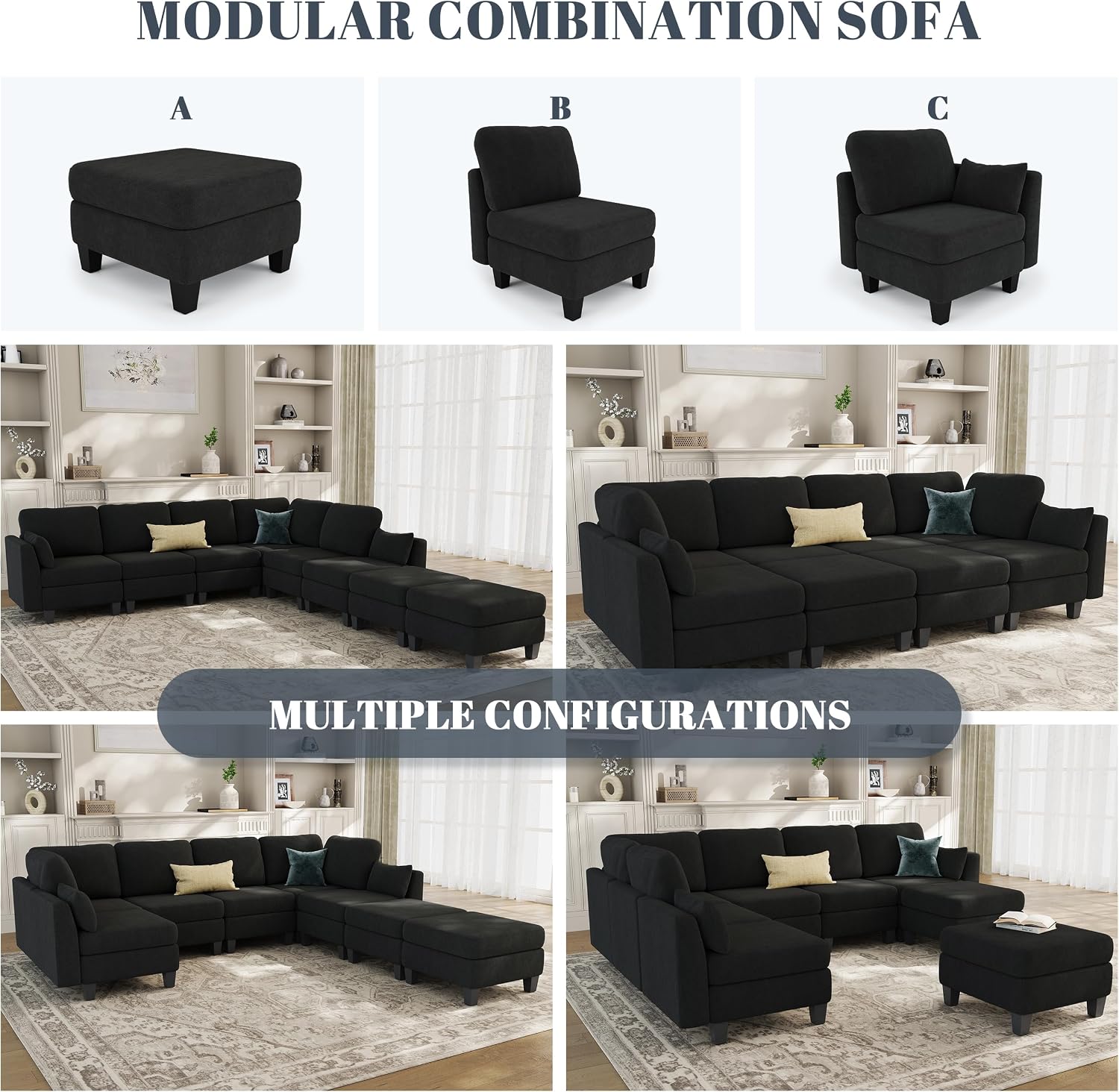 Sectional Sleeper Sofa, 8 Seaters Modular Sleeper Sofa Couch, Comfy Sectionals Couches Bed, Convertible Sofas with Ottomans, Modular Sectional Couches for Living Room, Black