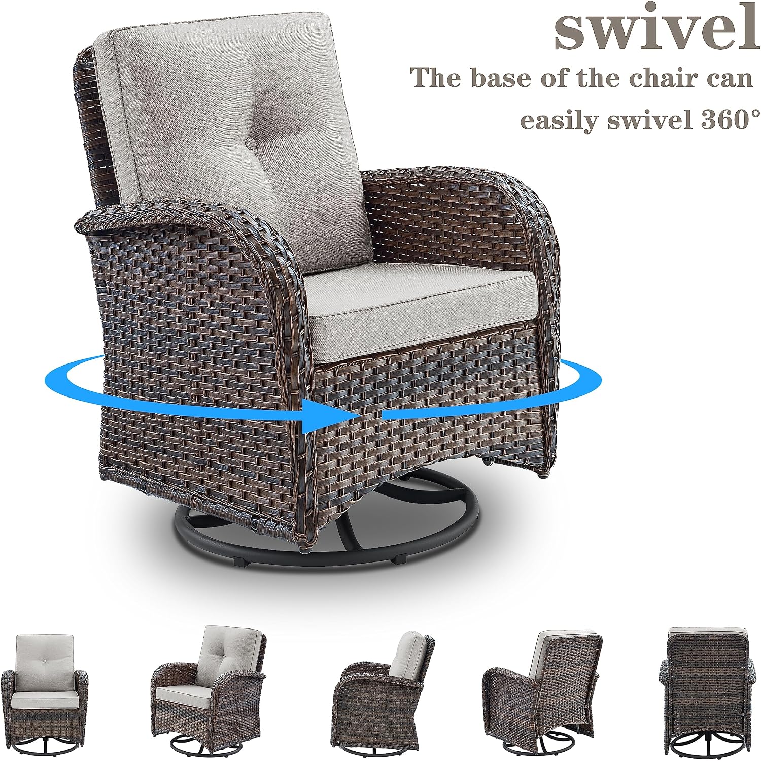 Belord Patio Furniture Swivel Glider PE Wicker Chairs, Outdoor Swivel Rocker Seating with Cushions for Porch Deck Balcony, Brown/Beige