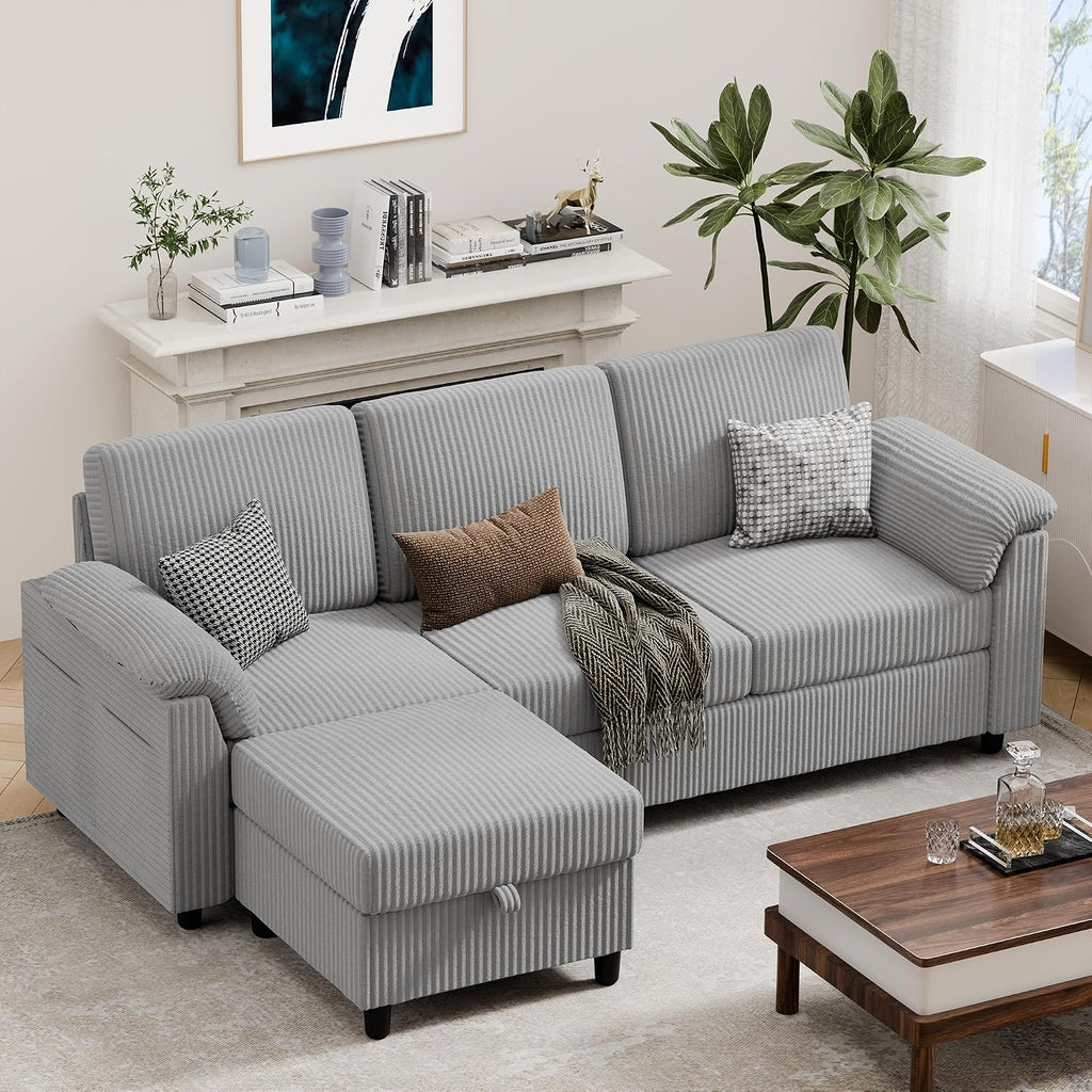 Vongrasig 79' Convertible Sectional Couch Sofa with Storage Ottoman, 3 Seat L Shaped Couch with Side Storage Pockage, Small Couches for Living Room, Apartment and Small Space (Light Grey)