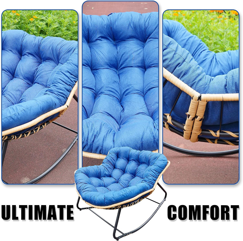 Patio Rocking Egg Chair - Outdoor Rocking Chair with Thick Cushion, Modern Indoor Outdoor Papasan Rocking Chair, Lounge Rocker for Balcony, Living Room, Bedroom, Porch, Patio, Lawn, Garden (Blue)
