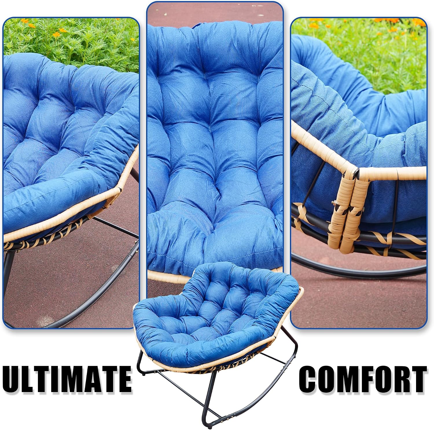 Patio Rocking Egg Chair - Outdoor Rocking Chair with Thick Cushion, Modern Indoor Outdoor Papasan Rocking Chair, Lounge Rocker for Balcony, Living Room, Bedroom, Porch, Patio, Lawn, Garden (Blue)