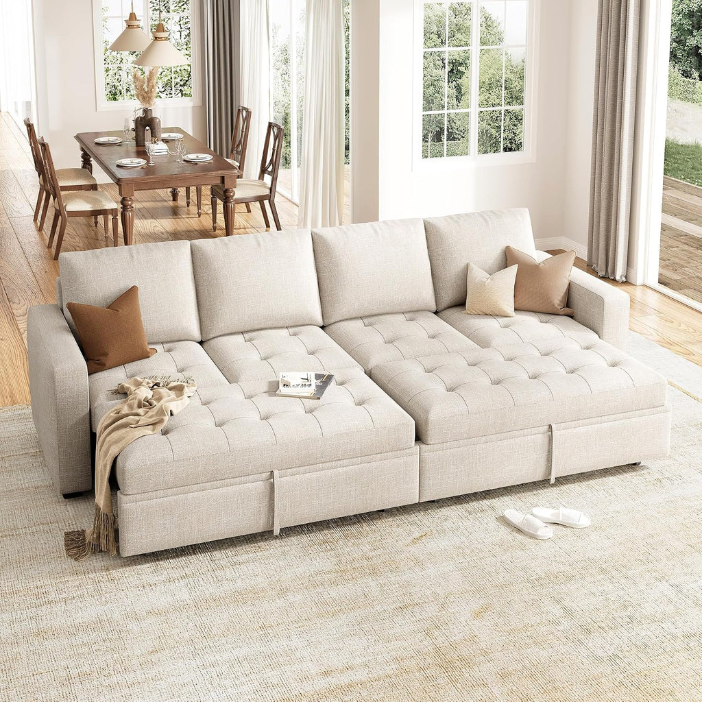 HONBAY Modular Sectional Sleeper Sofa with Pull Out Bed, Linen Convertible Sectional Couches for Living Room,Beige