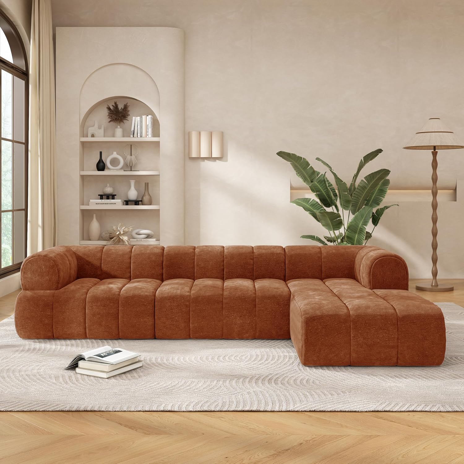 Christopher Knight Home Mania 122' Modular L-Shape Sofa Couch with Chaise Lounge, Modern Sectional Sofa Set for Living Room, Boucle Fabric Upholstered Cloud Couch with Deep Seat, Orange