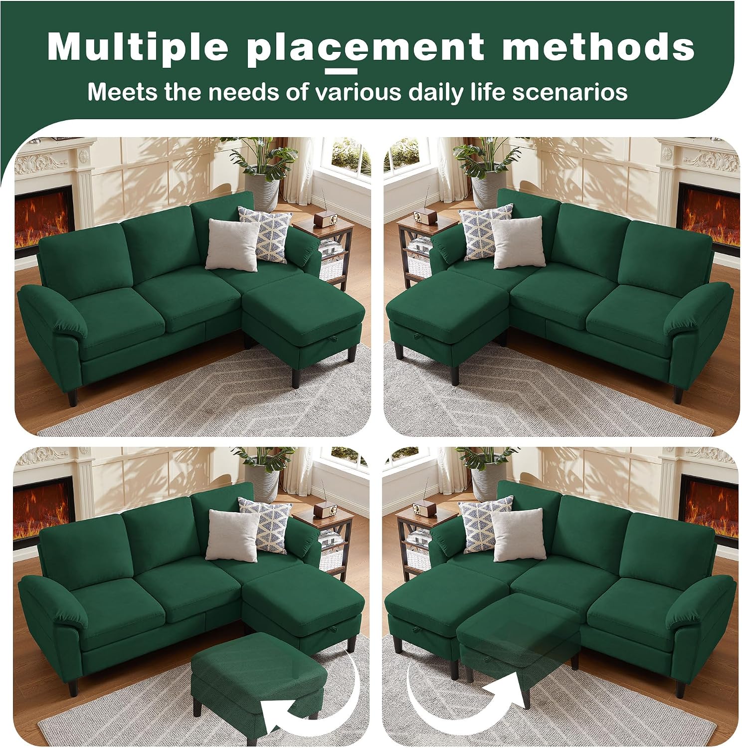 80' Convertible Sectional Sofa, Small L Shaped 3 Seat Couch with Reversible Storage Chaise, Modern Polyester Fabric Sofa Couches for Living Room, Apartment and Small Space, Green