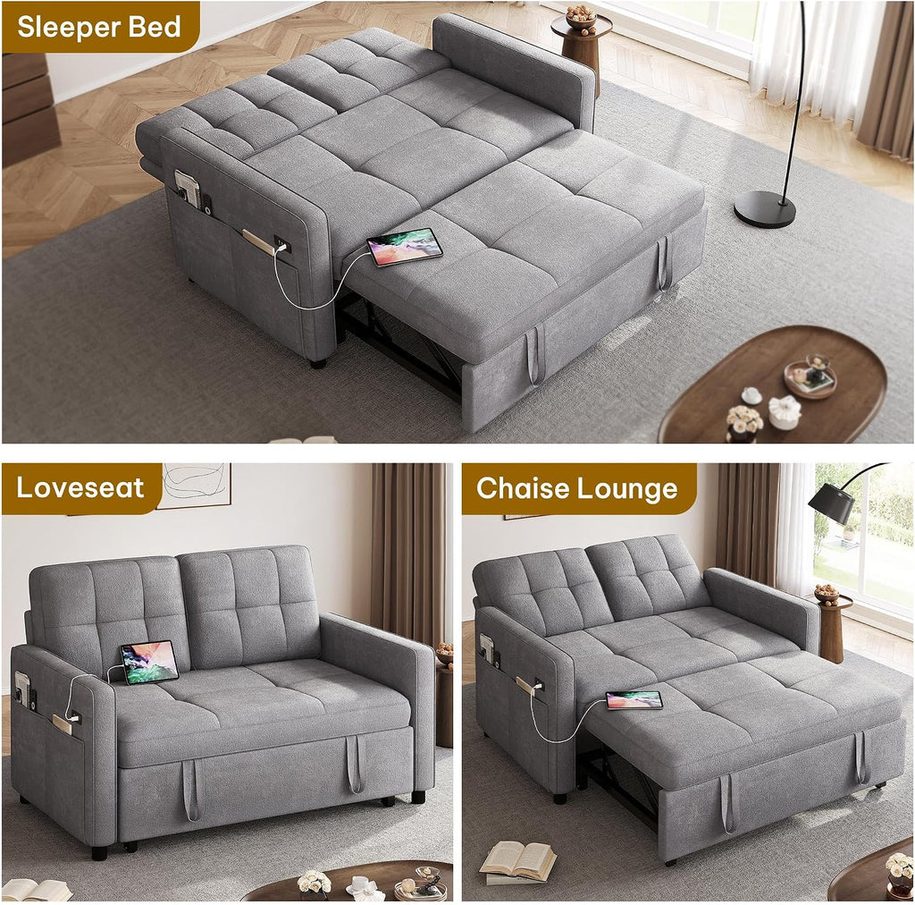 DWVO 3 in 1 Convertible Sleeper Sofa Bed, 55' Pull Out Sofa Bed with Adjustable Backrest and USB, Velvet Futon Couch with Side Pockets for Living Room, Grey