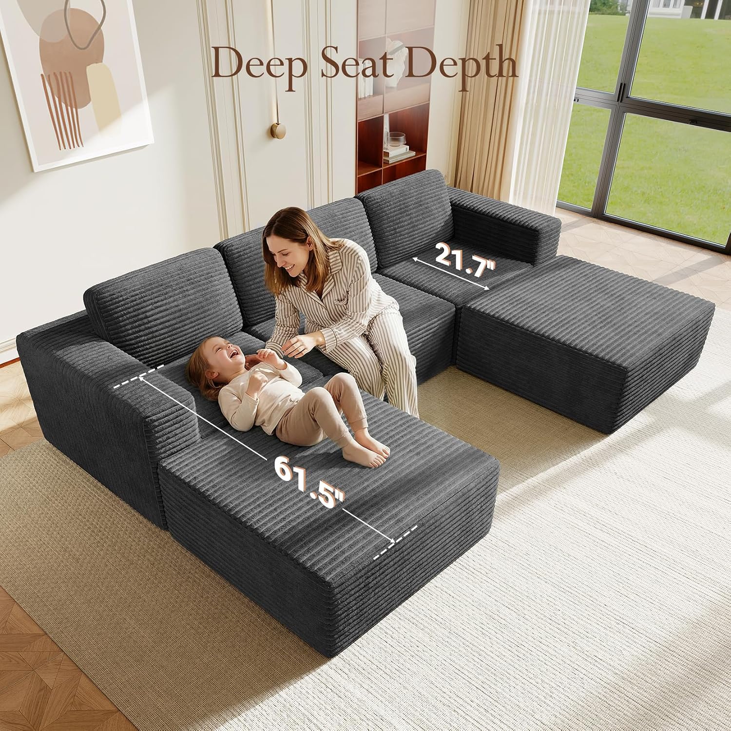 Vesgantti 119' Oversized U-Shaped Modular Sectional Sofa, Corduroy Cloud Couch with Deep Seating & Spring Support, Convertible Sofa with 2 Ottomans, Boneless Couch, No Assembly Required, Grey