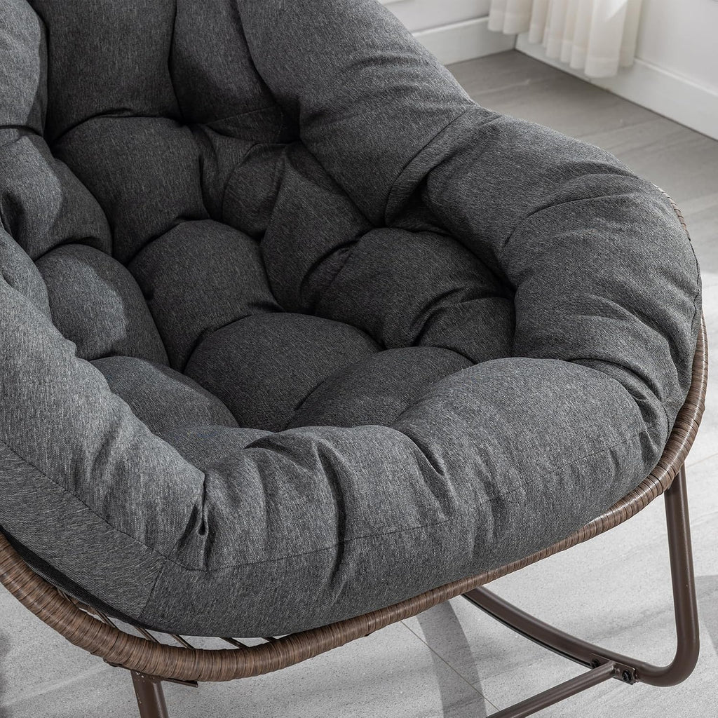 Rattan Outdoor Rocking Chair, Wicker Patio Egg Rocking Chair with Detachable Cushion, Indoor Papasan Chair for Living Room, Garden, Patio, Gray