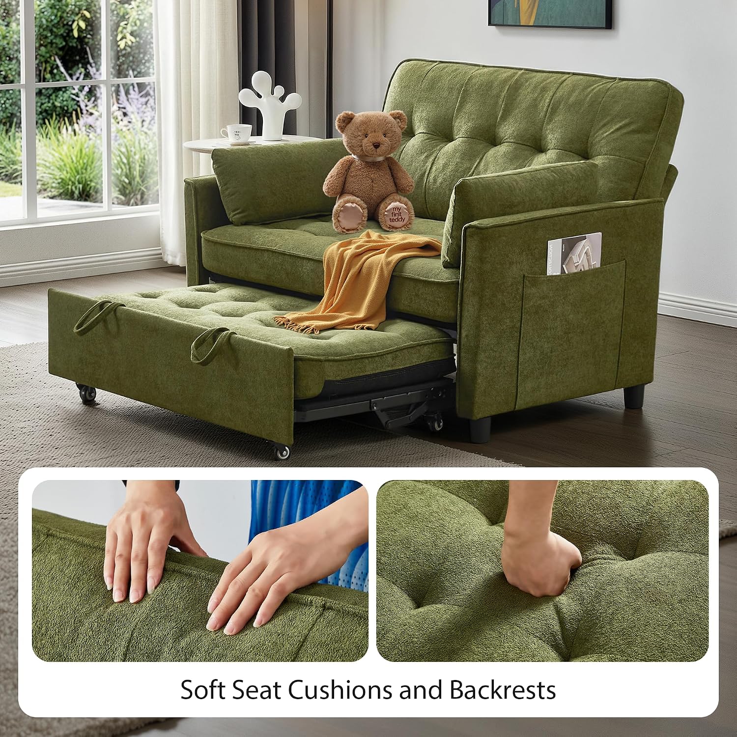 Convertible Sofa Bed, 3 in 1 Pull Out Couch, Loveseat Sleeper with Side Pocket, Living Room Sofa with Adjustable Backrest | USB Charging Port | Two Pillows | Fabric | Green Couch