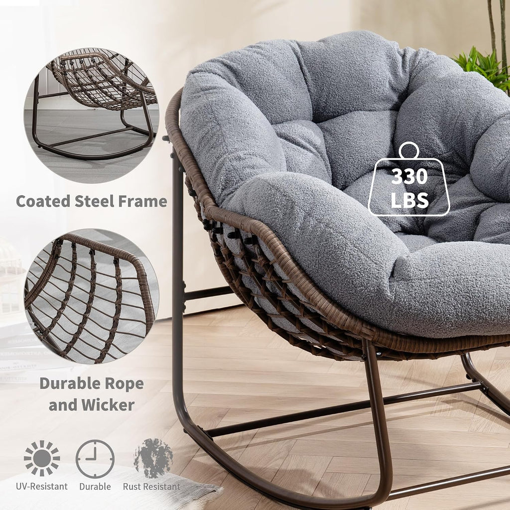 Oversized Papasan Rocking Chair - Outdoor Luxury Oversized Comfy Patio Chair Indoor Egg Royal Rattan Rocking Chair with Cushion for Front Porch Lounge Lawn Bedroom Living Room (Grey Teddy)